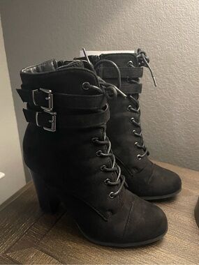Charlotte Russe Black Lace-Up Heeled Ankle Boots with Buckles